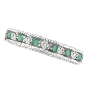 0.30 Carat Natural Diamond & Emerald Stackable Ring Band 14K White Gold
