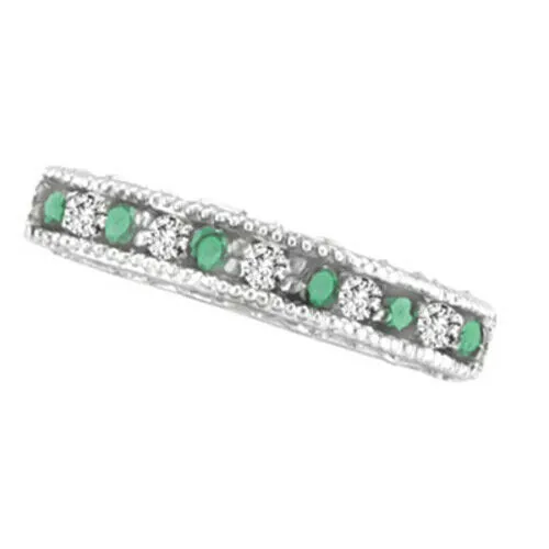 0.30 Carat Natural Diamond & Emerald Stackable Ring Band 14K White Gold