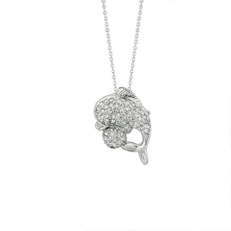 0.70 Carat Natural Diamond Dolphin Pendant Necklace 14K White Gold 18'' chain