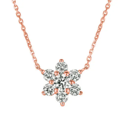1.00 Carat Natural Diamond Flower Necklace 14K Rose Gold G SI 18''