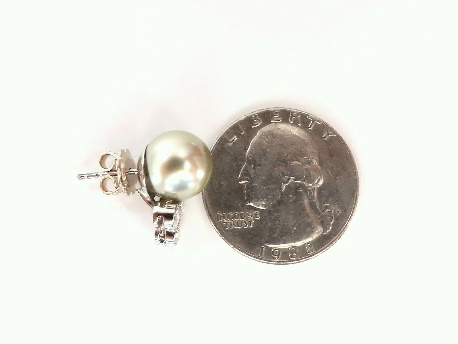 10.2mm pistachio Tahitian Pearls .60ct Diamonds Stud Earrings 14kt Gold