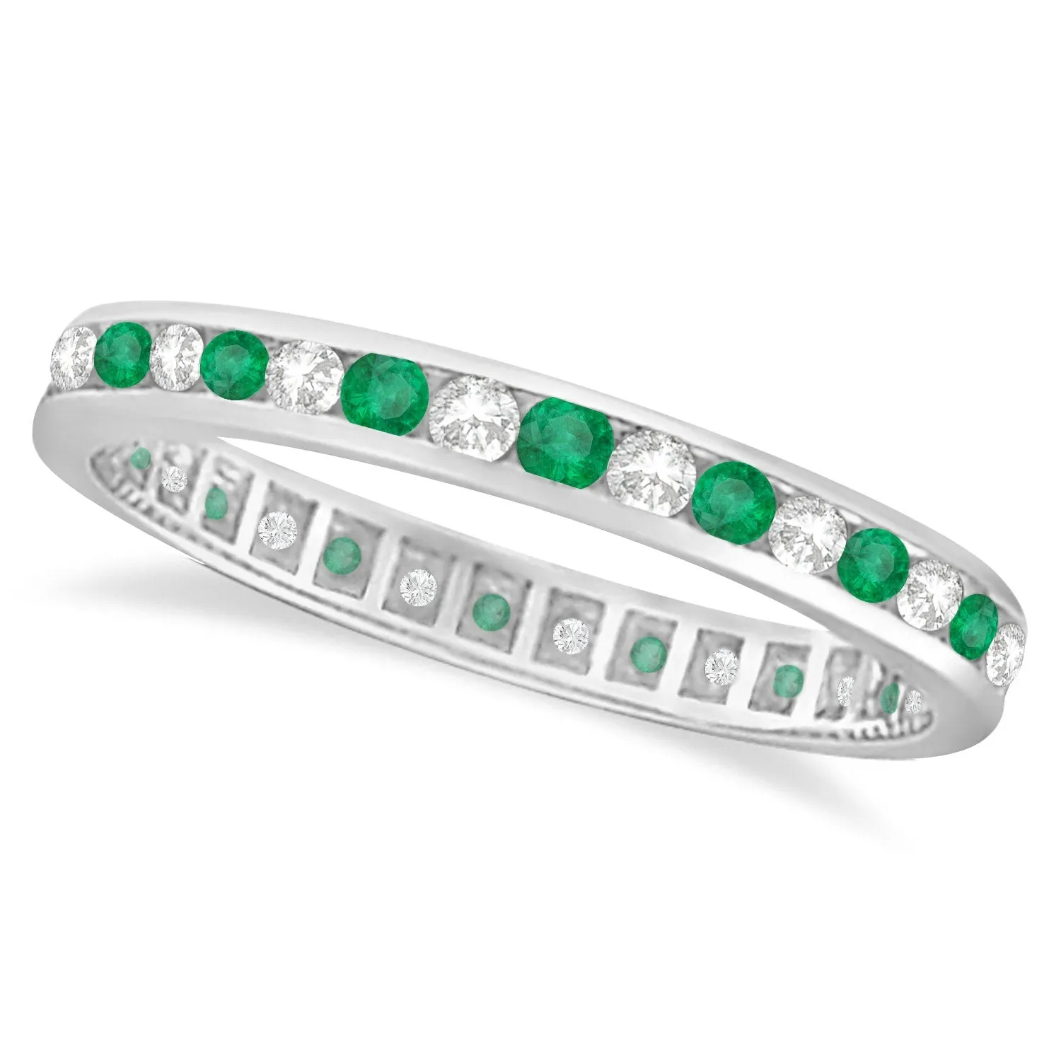 1.05 Carat Natural Diamond & Emerald Eternity Channel Ring Band 14K White Gold