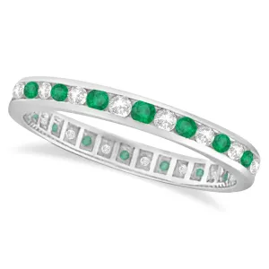 1.05 Carat Natural Diamond & Emerald Eternity Channel Ring Band 14K White Gold