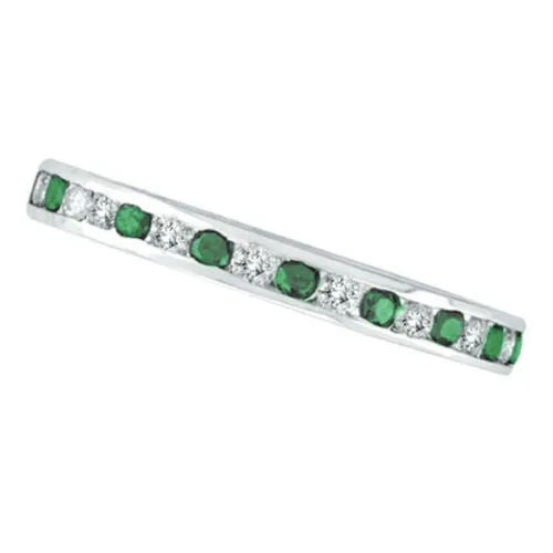 1.05 Carat Natural Diamond & Emerald Eternity Channel Ring Band 14K White Gold