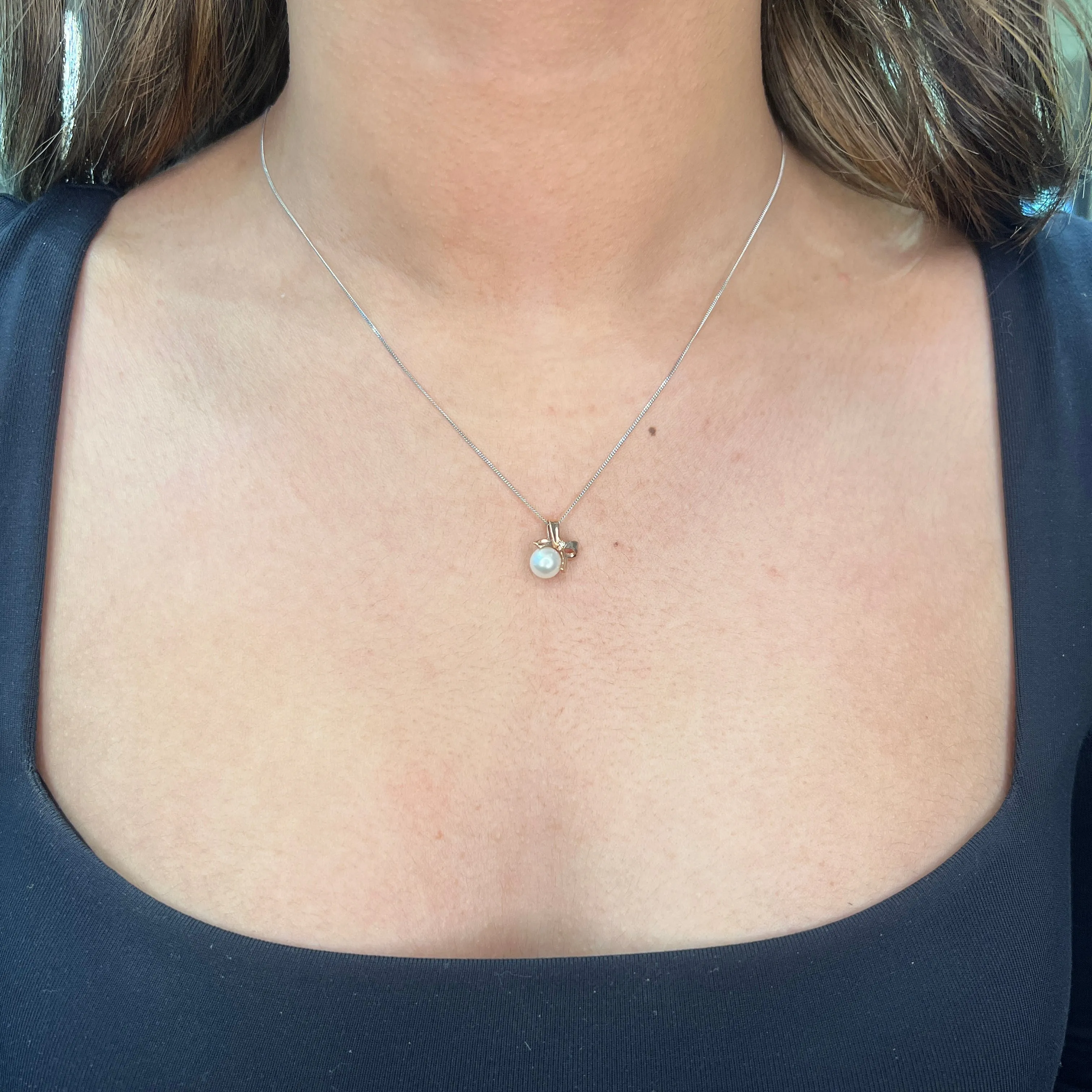 10K Rose Gold Pearl and Diamond Bow Pendant