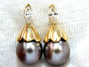 10mm natural tahitian pearl & .80ct diamonds drop cap earrings 14kt.