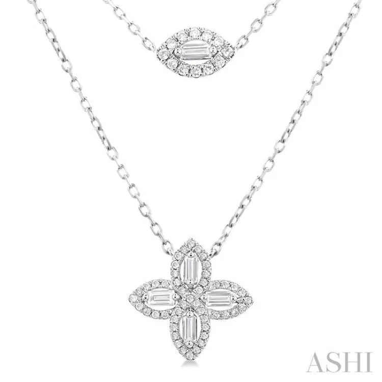 1/2 ctw Floral Baguette and Round Cut Diamond Layered Fashion Necklace in 14K White Gold