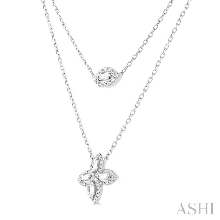 1/2 ctw Floral Baguette and Round Cut Diamond Layered Fashion Necklace in 14K White Gold