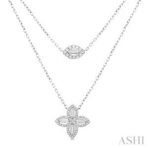 1/2 ctw Floral Baguette and Round Cut Diamond Layered Fashion Necklace in 14K White Gold