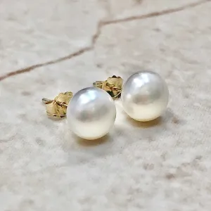 14 Karat Yellow Gold Round White Pearl Stud Earrings