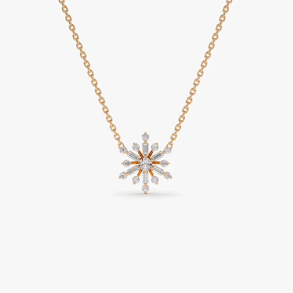 14k Baguette and Round Diamond Snowflake Necklace