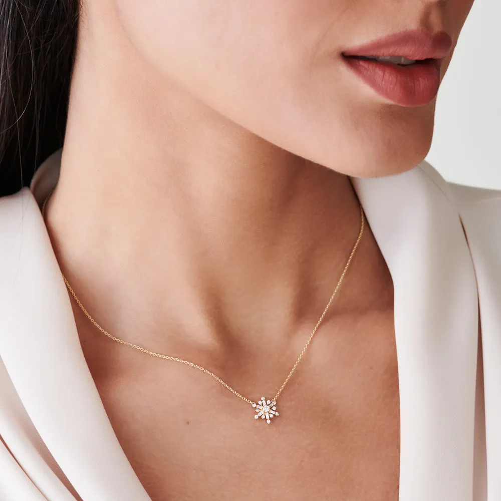 14k Baguette and Round Diamond Snowflake Necklace