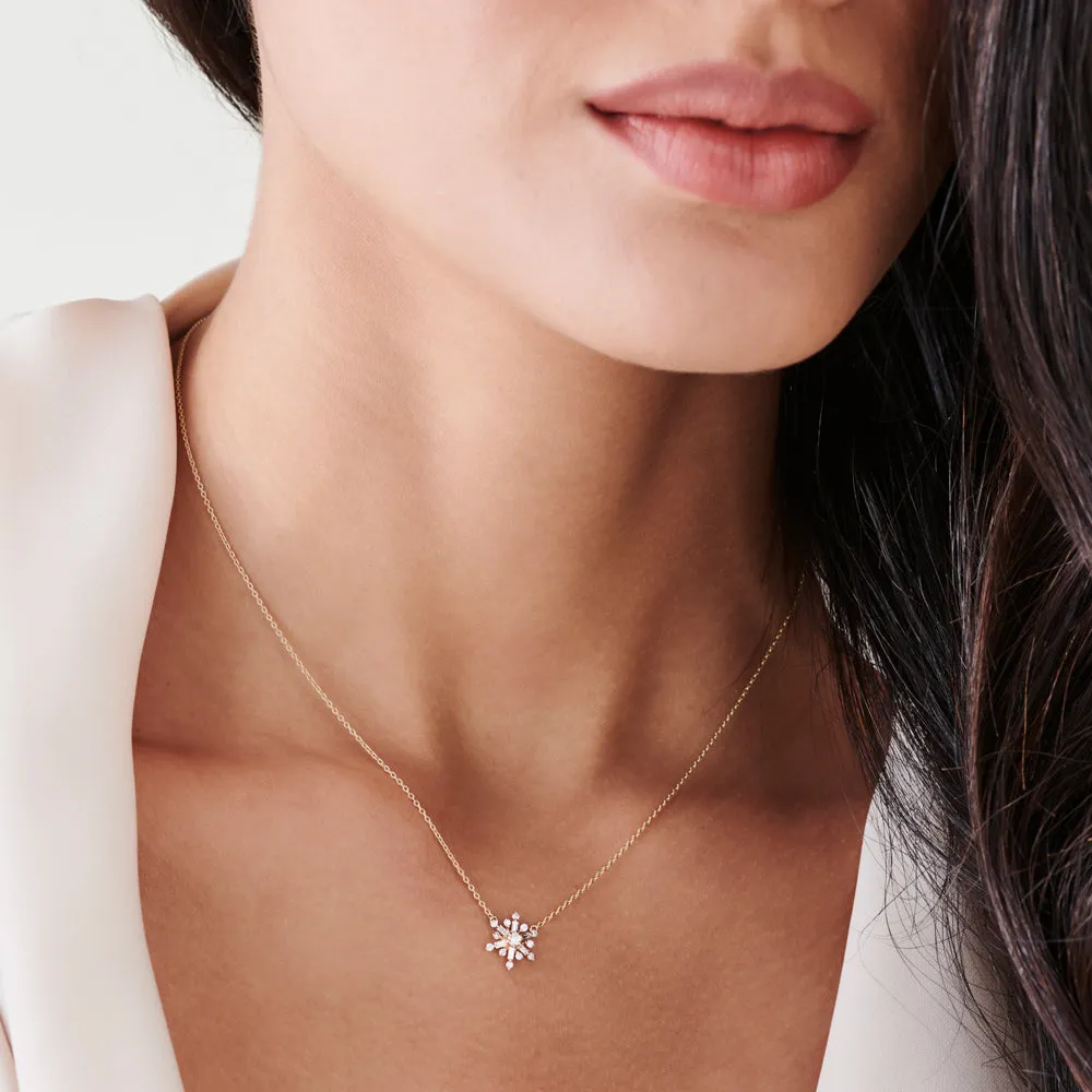 14k Baguette and Round Diamond Snowflake Necklace