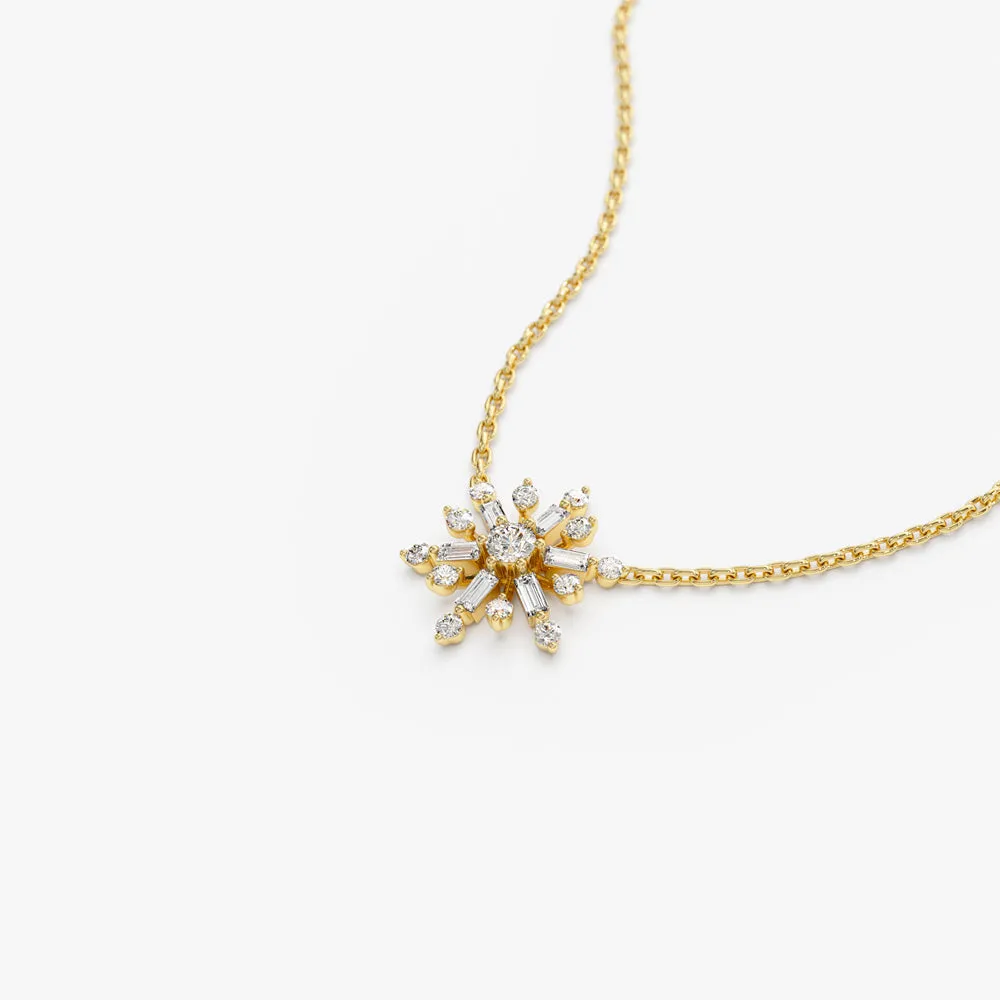 14k Baguette and Round Diamond Snowflake Necklace