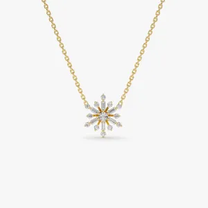 14k Baguette and Round Diamond Snowflake Necklace