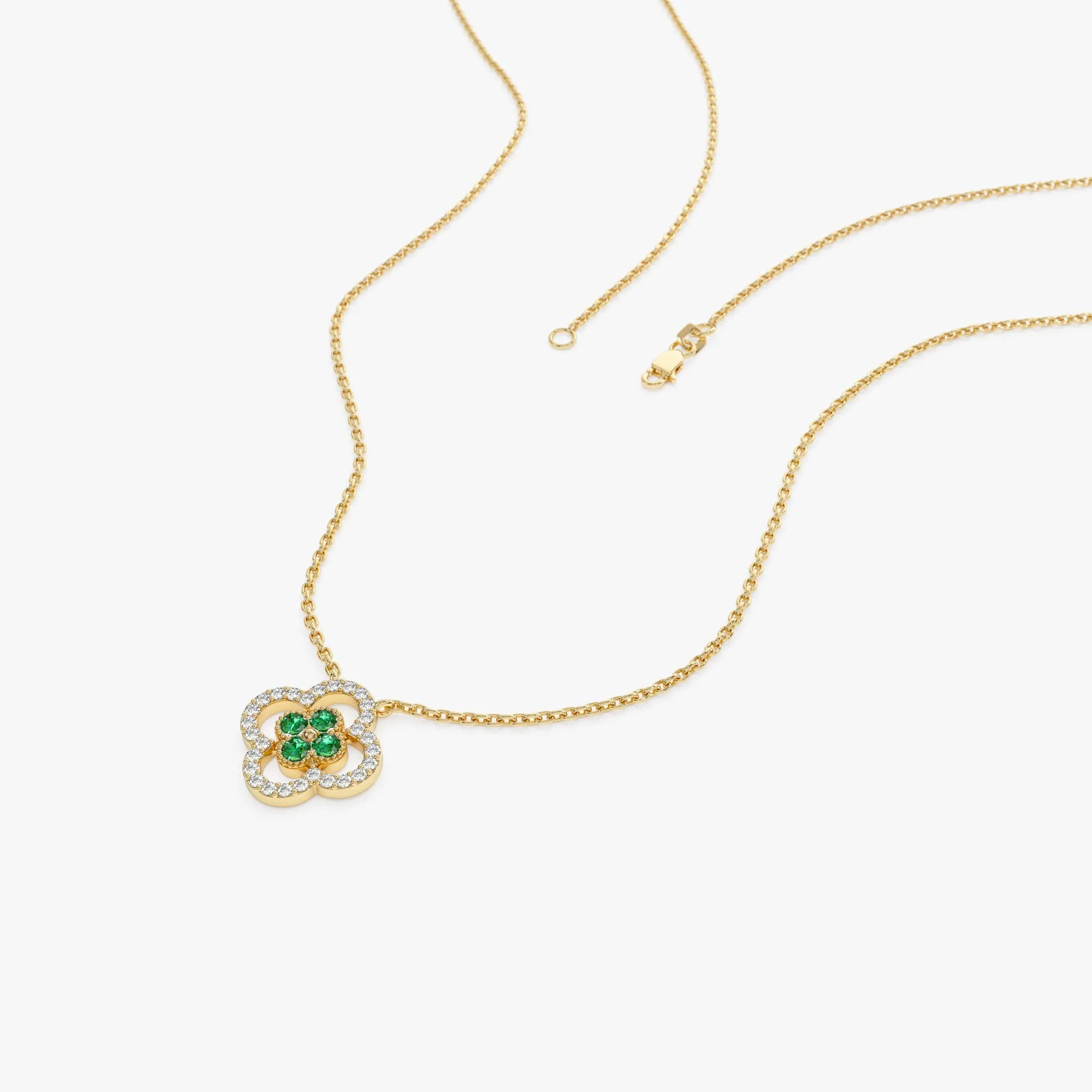 14k Emerald Clover Necklace in Halo Setting