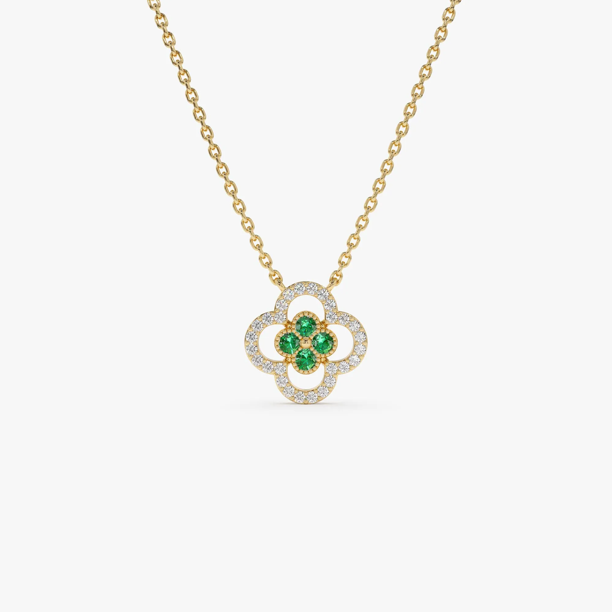 14k Emerald Clover Necklace in Halo Setting
