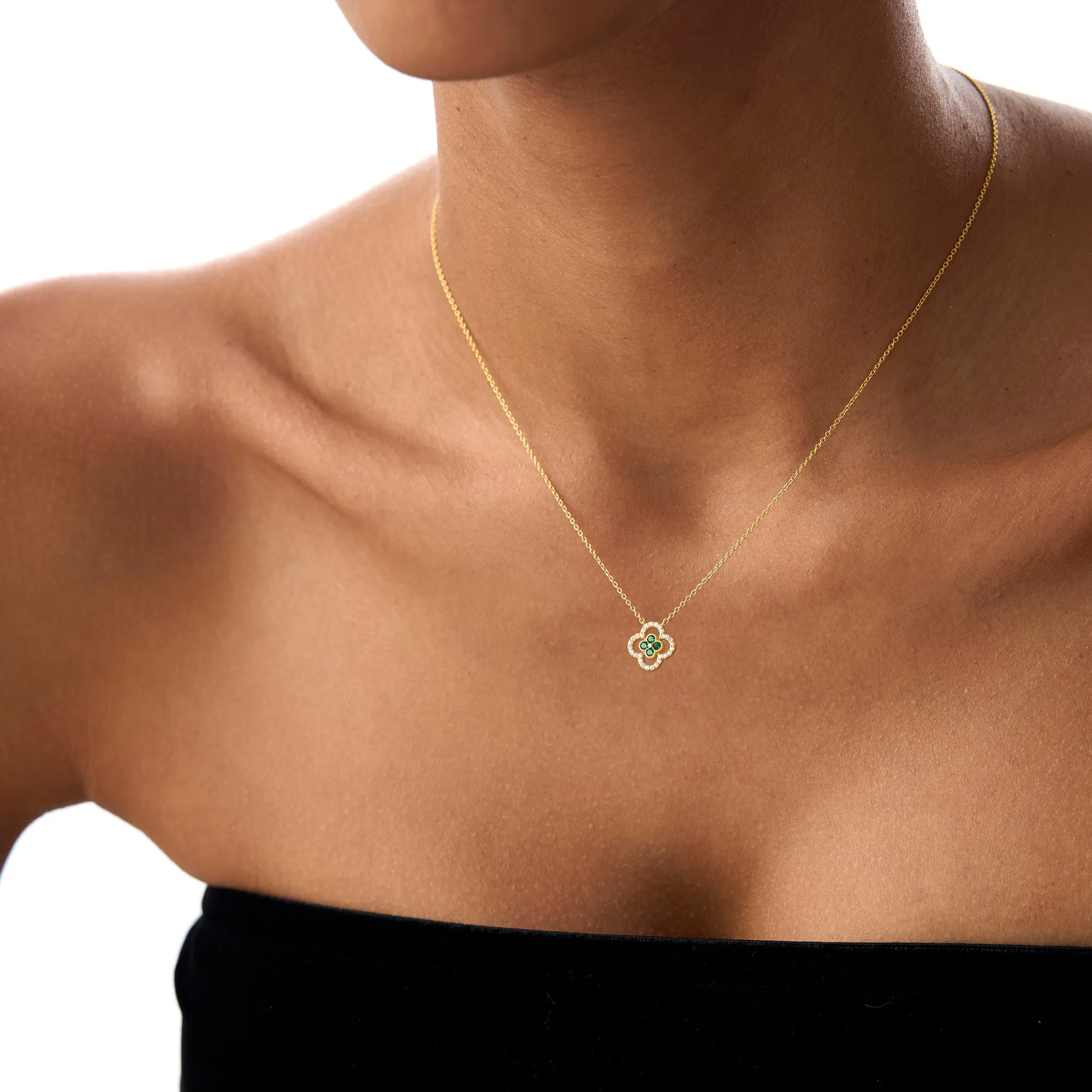 14k Emerald Clover Necklace in Halo Setting