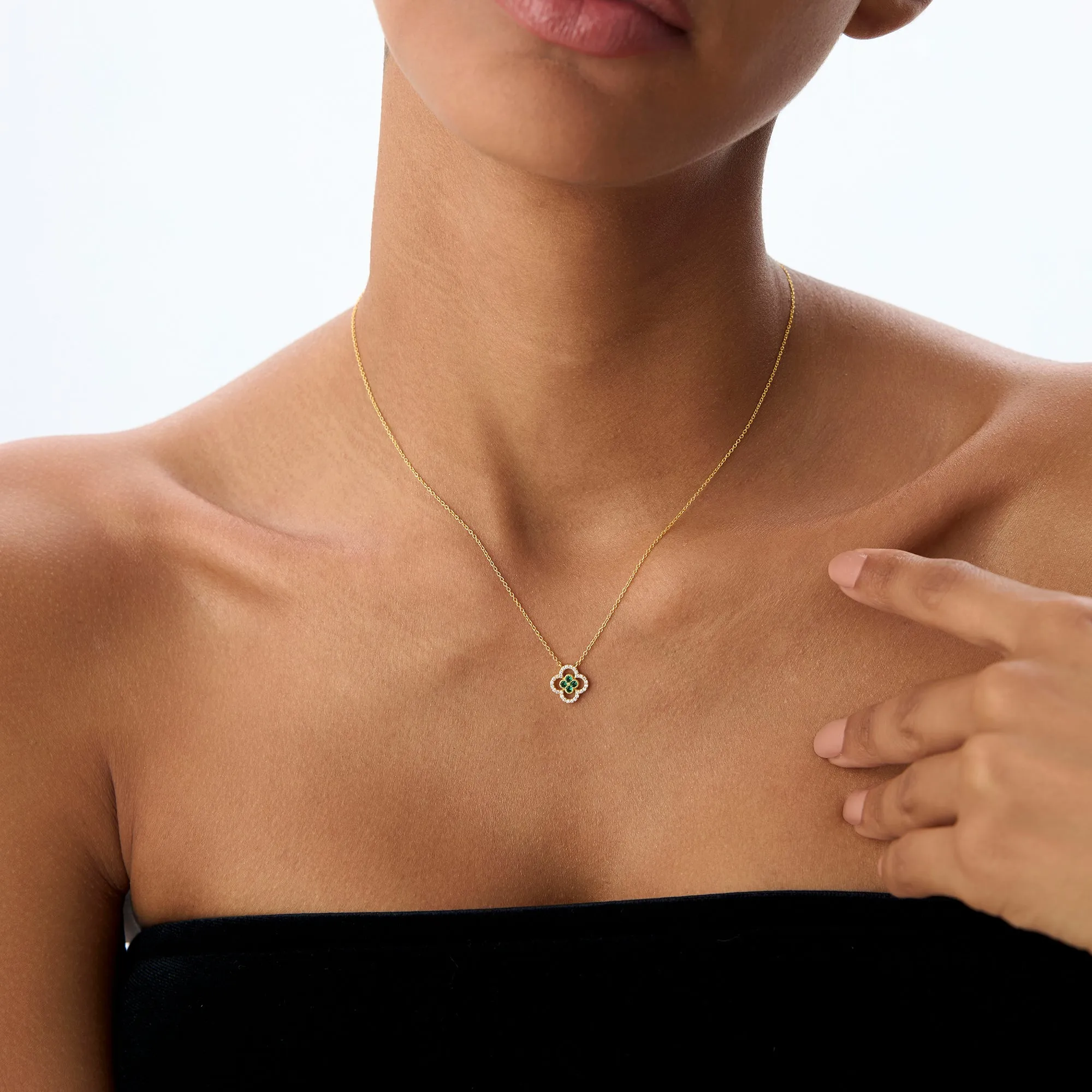 14k Emerald Clover Necklace in Halo Setting