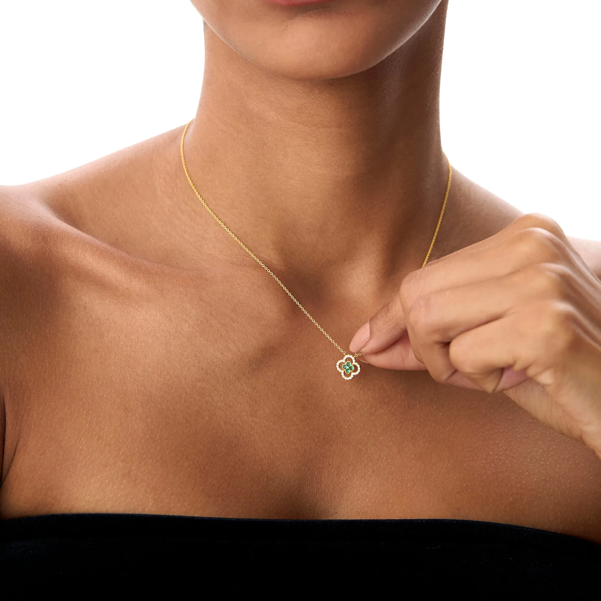 14k Emerald Clover Necklace in Halo Setting