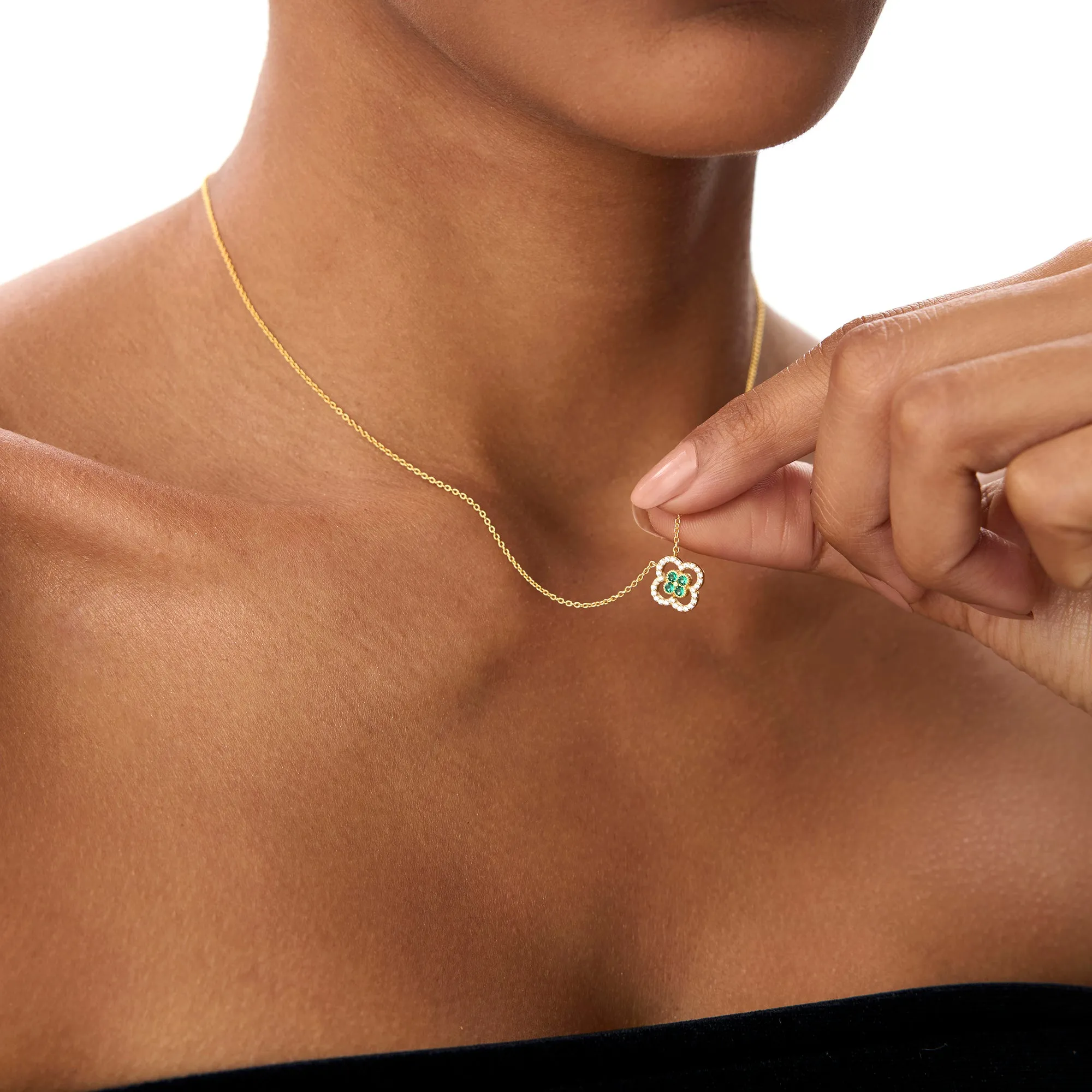 14k Emerald Clover Necklace in Halo Setting