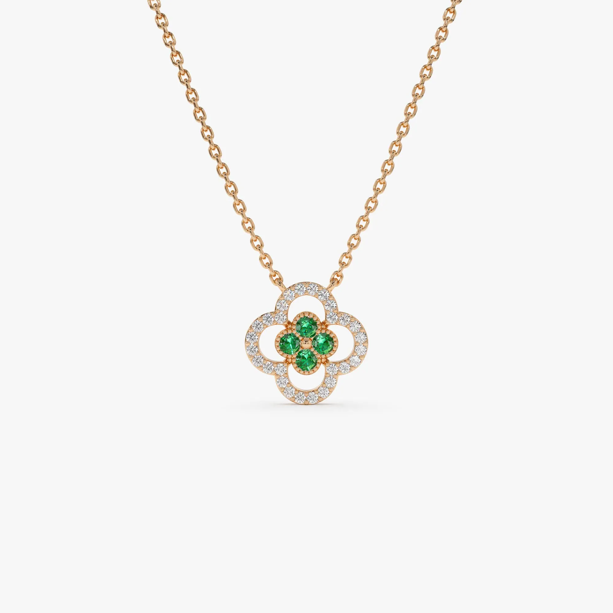 14k Emerald Clover Necklace in Halo Setting