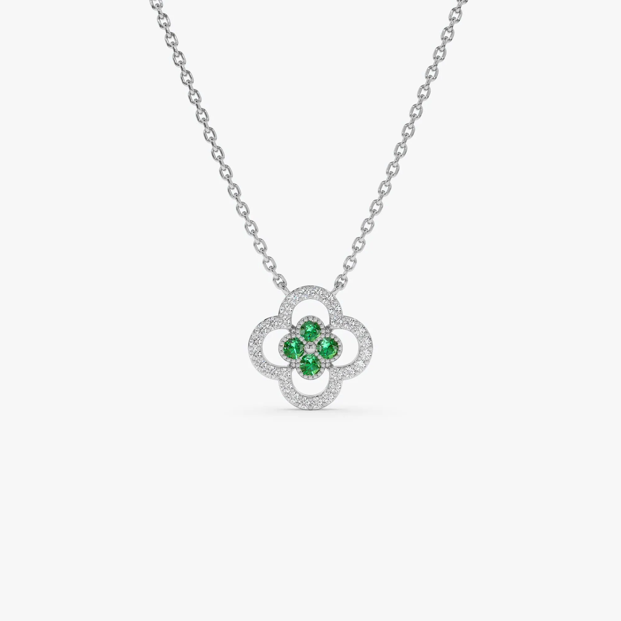 14k Emerald Clover Necklace in Halo Setting