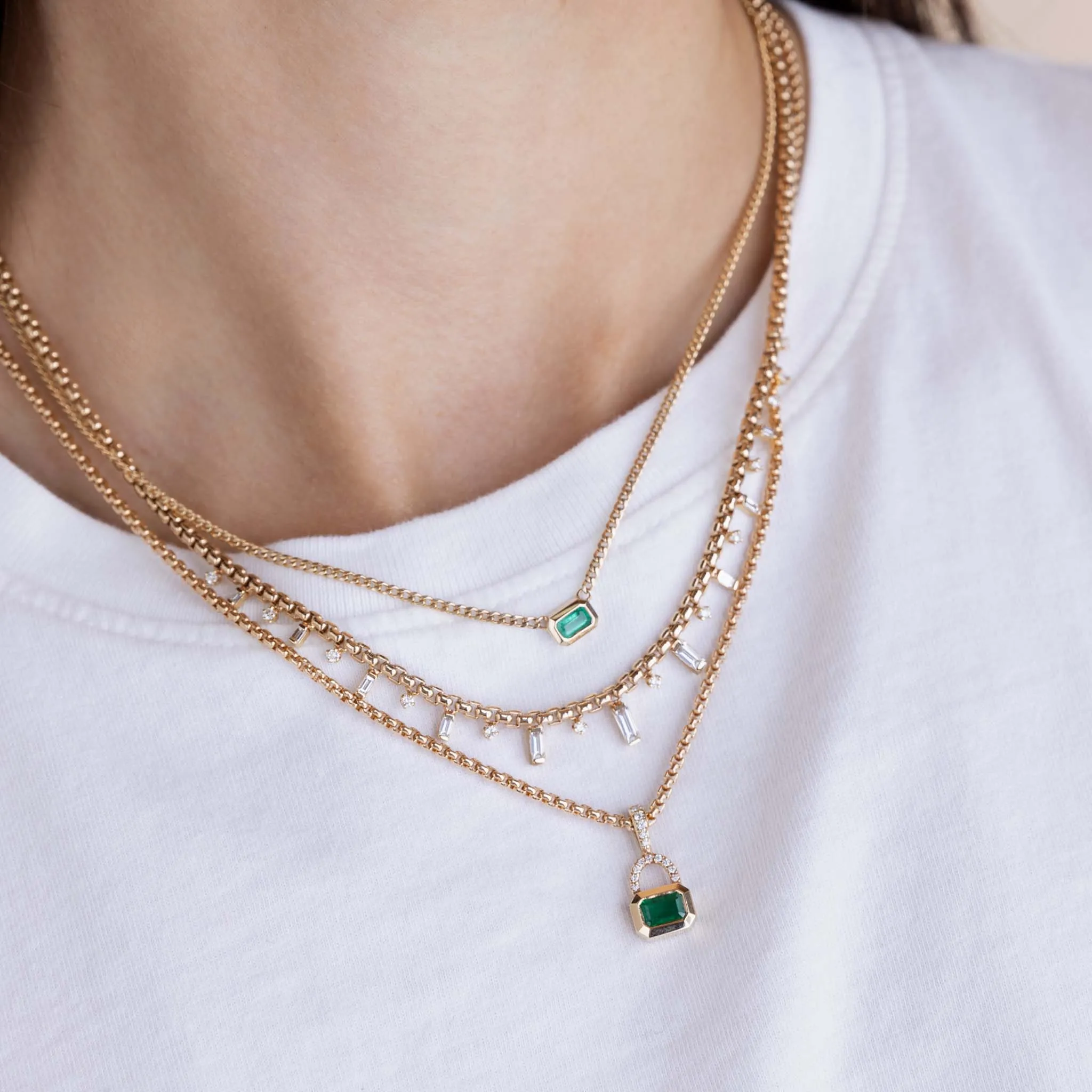 14k Emerald Cut Emerald & Pavé Diamond Bail Box Chain Necklace