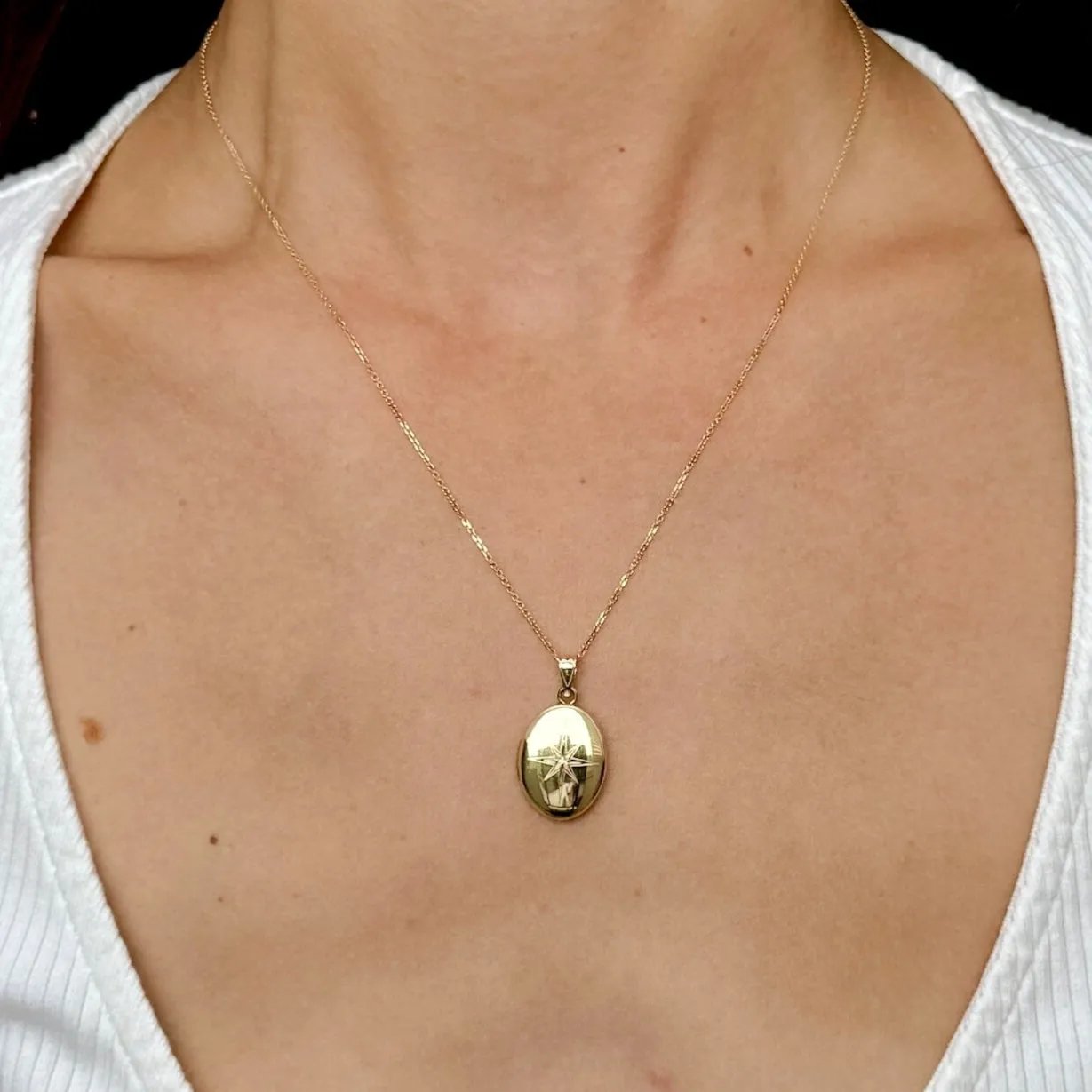 14K Gold And Diamond Oval North Star Locket Necklace