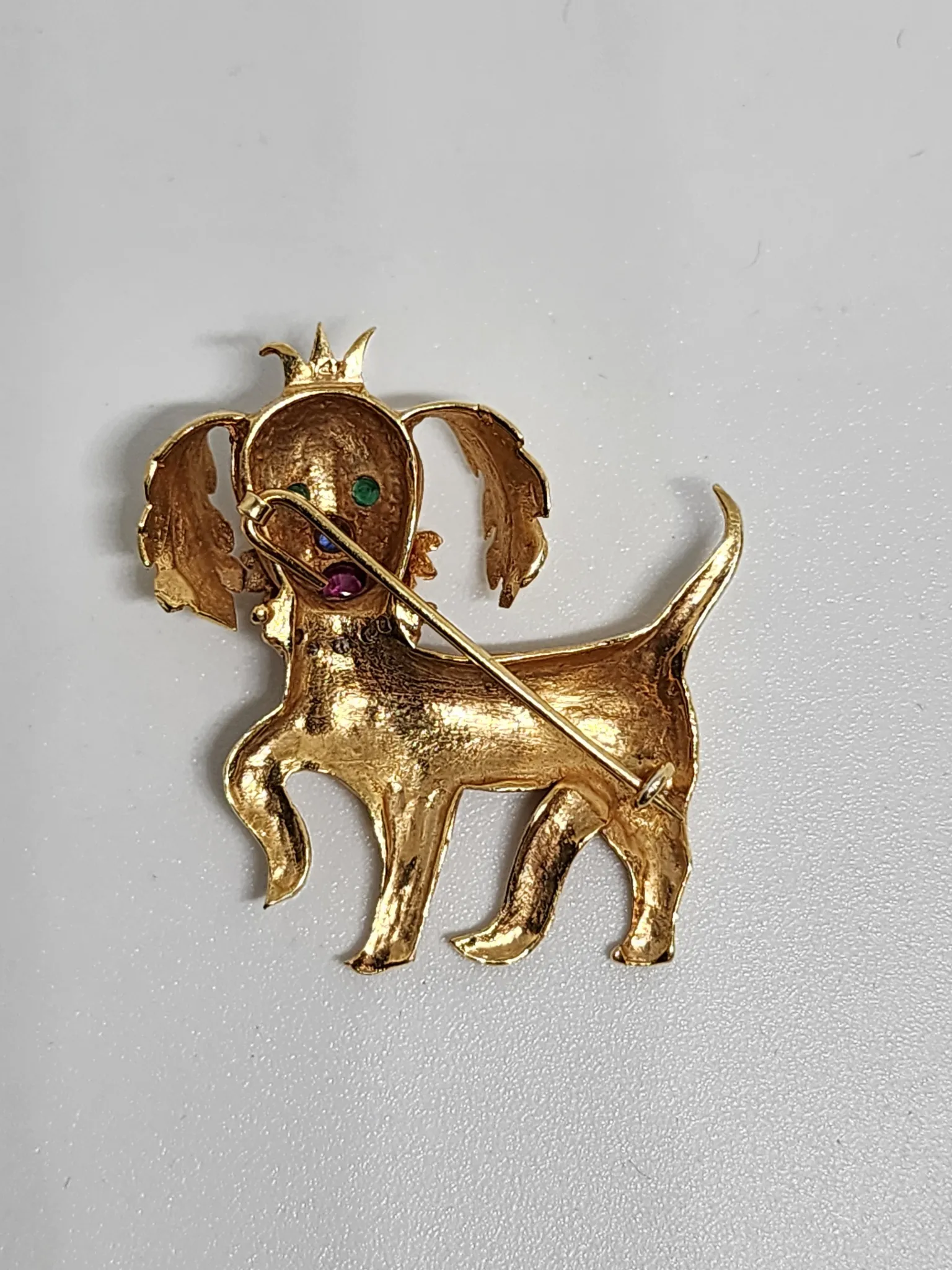 14K gold dog Brooch set with Diamonds, Ruby, Emerald & Sapphire