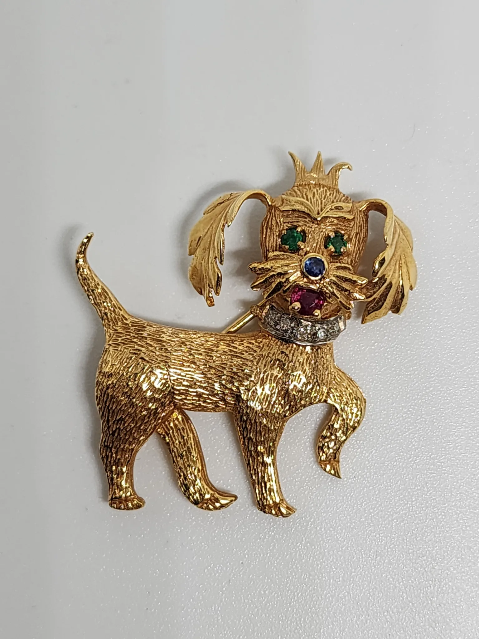 14K gold dog Brooch set with Diamonds, Ruby, Emerald & Sapphire