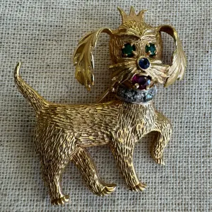 14K gold dog Brooch set with Diamonds, Ruby, Emerald & Sapphire