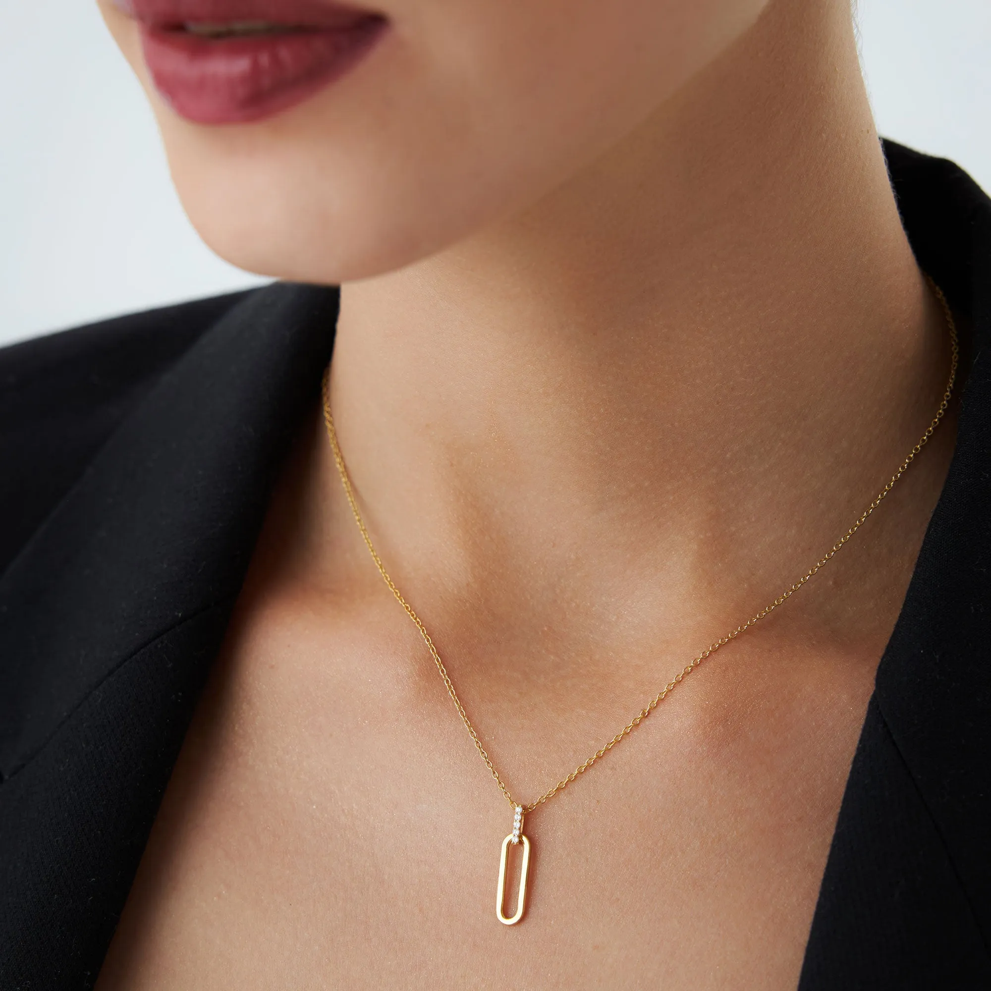 14k Gold Paper Clip Link Pendant Necklace