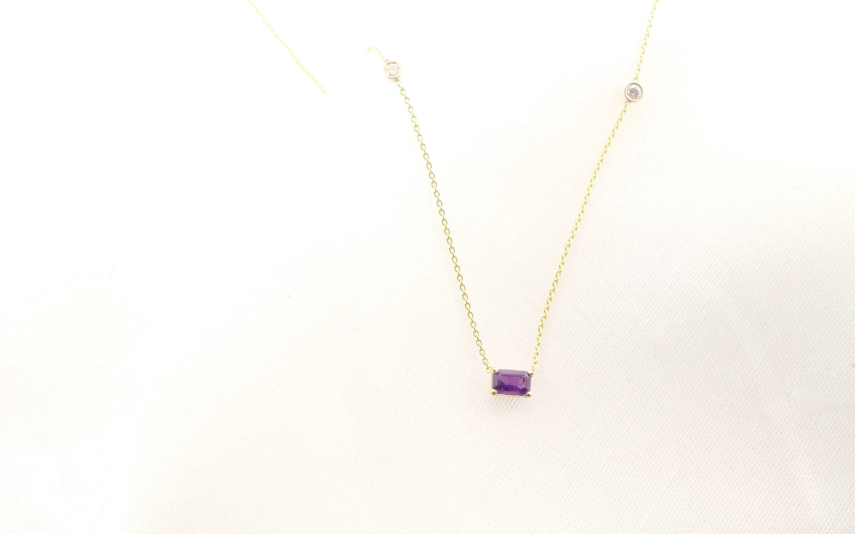14K Gold Together Forever Emerald Cut Birthstone & Two Diamond Bezel Necklace