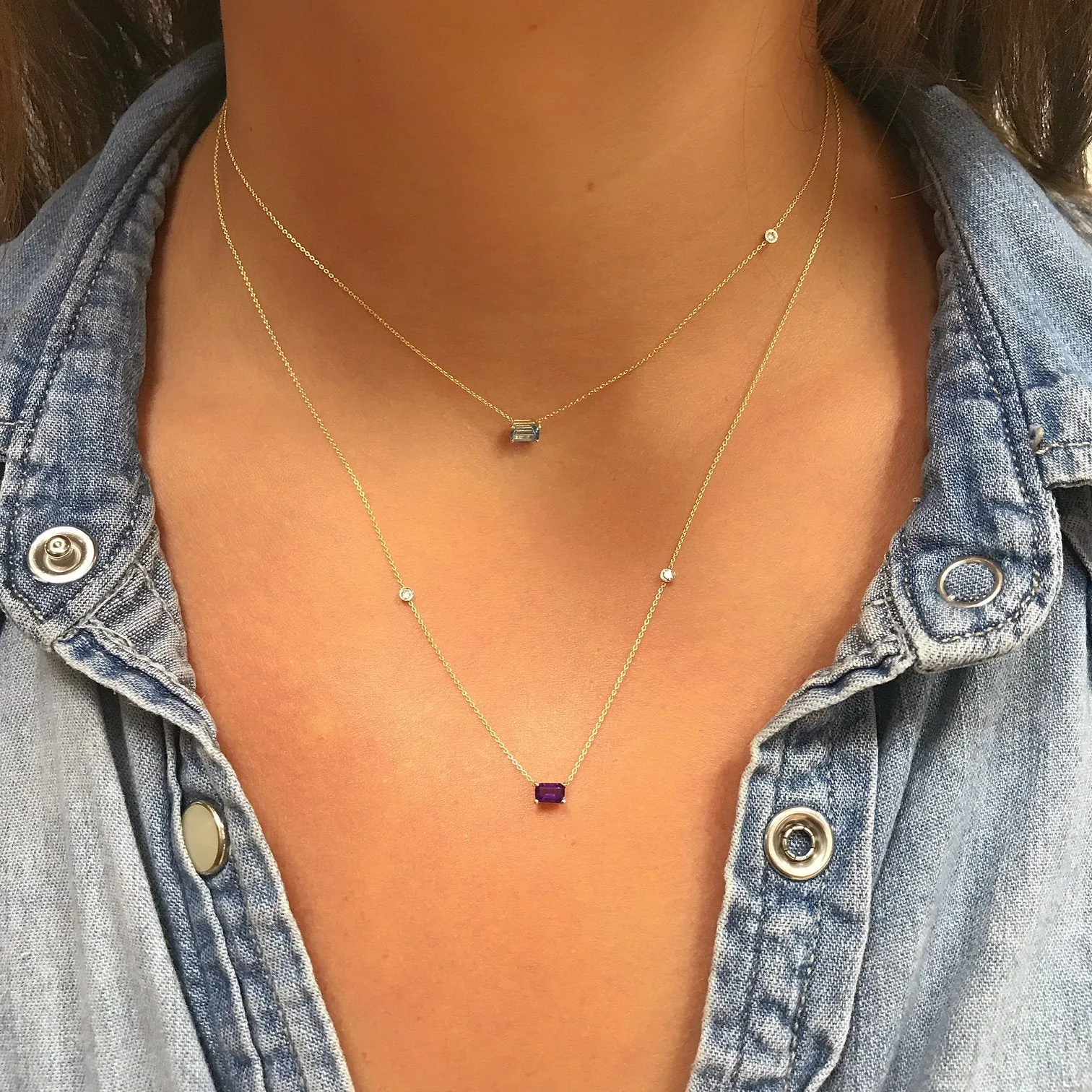 14K Gold Together Forever Emerald Cut Birthstone & Two Diamond Bezel Necklace