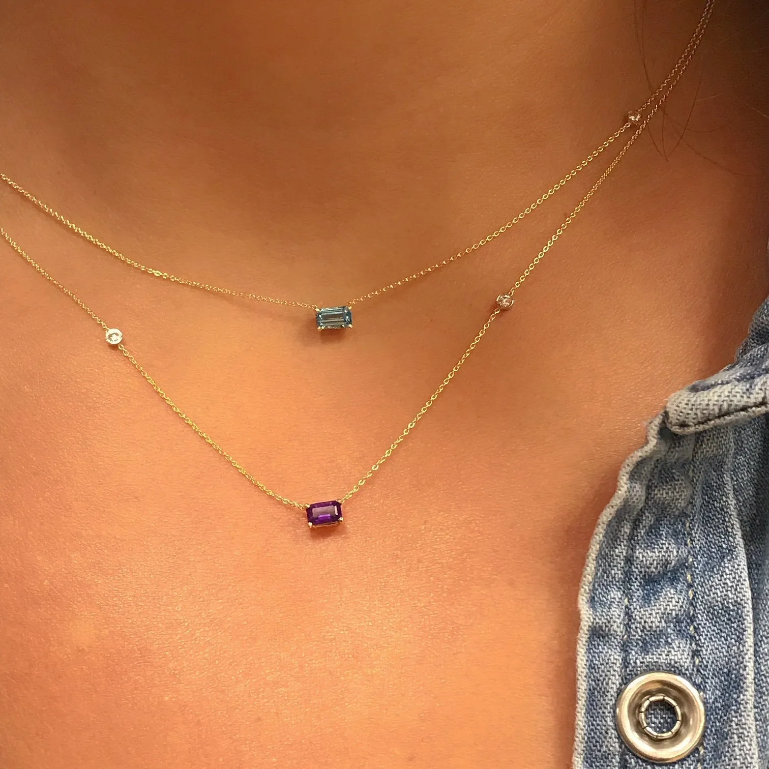 14K Gold Together Forever Emerald Cut Birthstone & Two Diamond Bezel Necklace