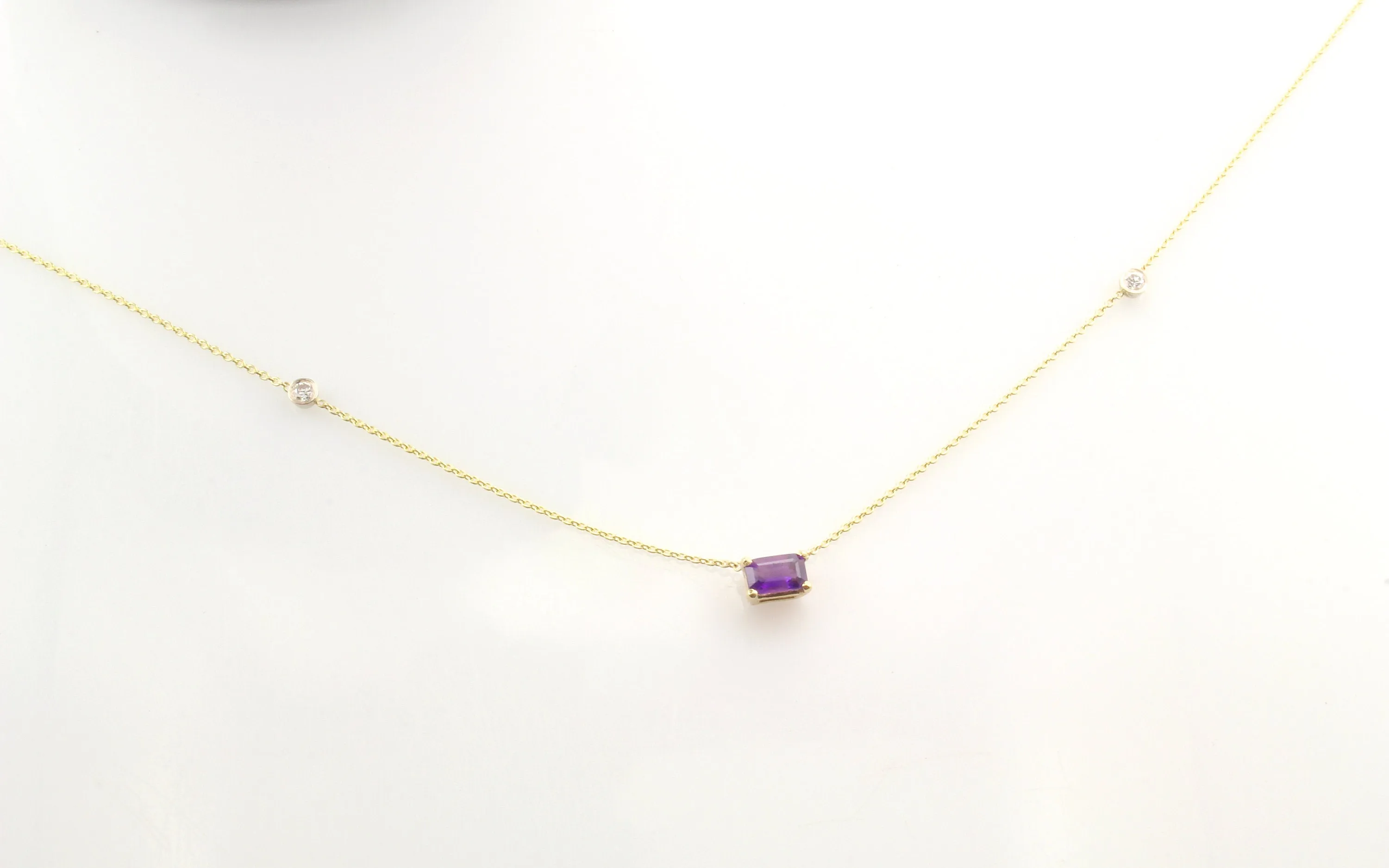 14K Gold Together Forever Emerald Cut Birthstone & Two Diamond Bezel Necklace