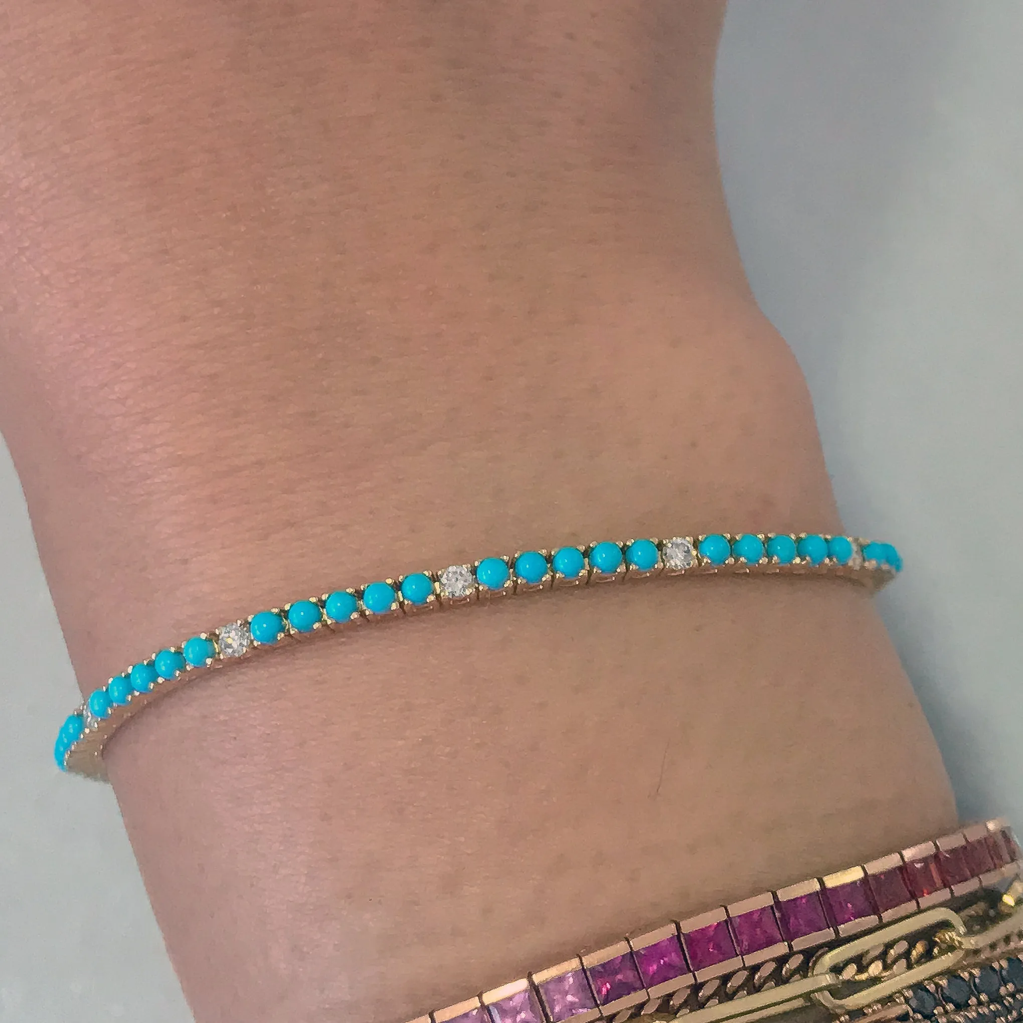 14K Gold Turquoise & Diamond Tennis Bracelet