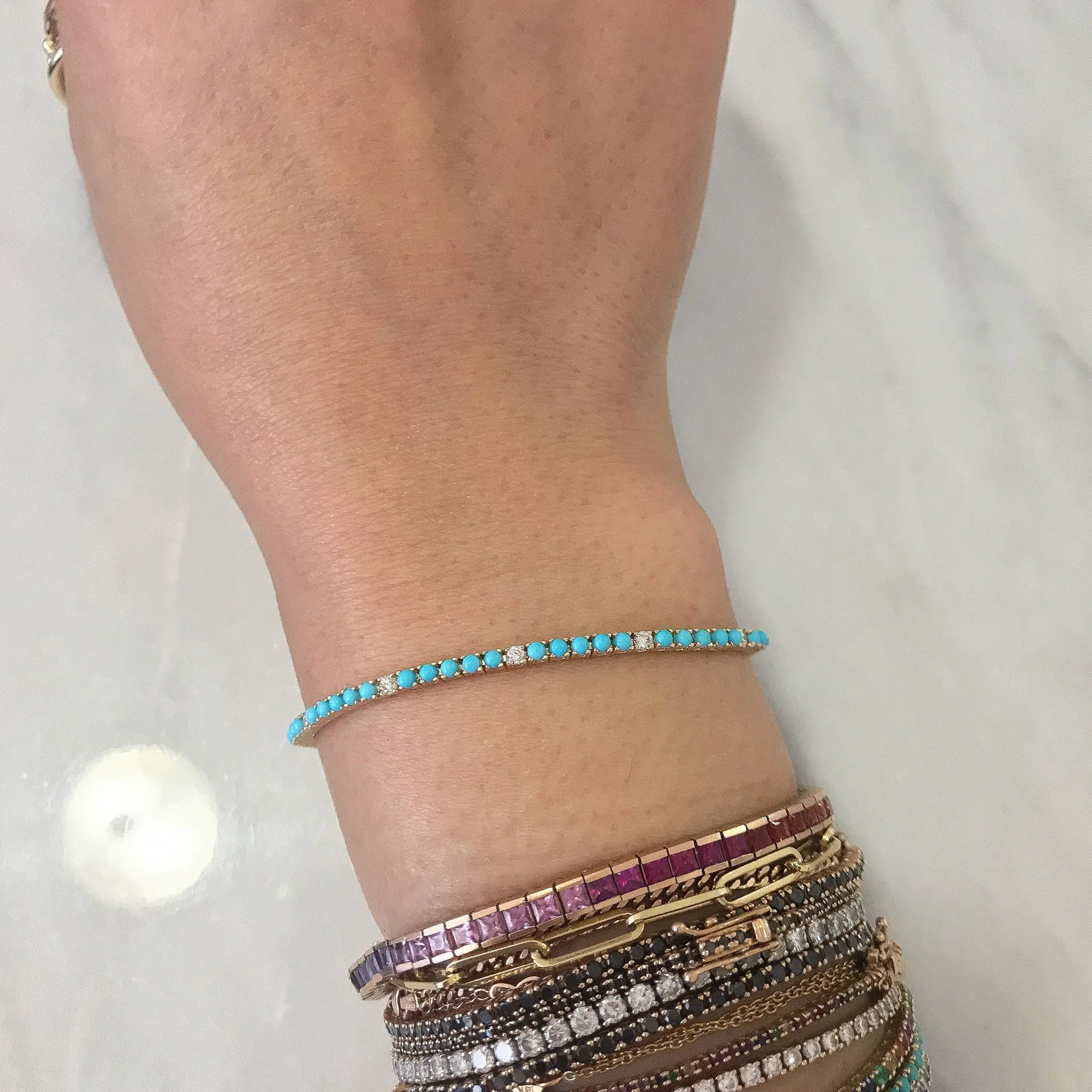 14K Gold Turquoise & Diamond Tennis Bracelet