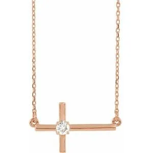 14K Rose 1/10 CTW Diamond Sideways Cross 16-18" Necklace
