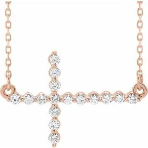 14K Rose 1/3 CTW Diamond Sideways Cross 16-18" Necklace