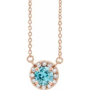 14K Rose 3 mm Natural Blue Zircon & .03 CTW Natural Diamond 16" Necklace