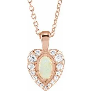 14K Rose Natural White Opal Cabochon  & 1/8 CTW Natural Diamond 16-18" Necklace