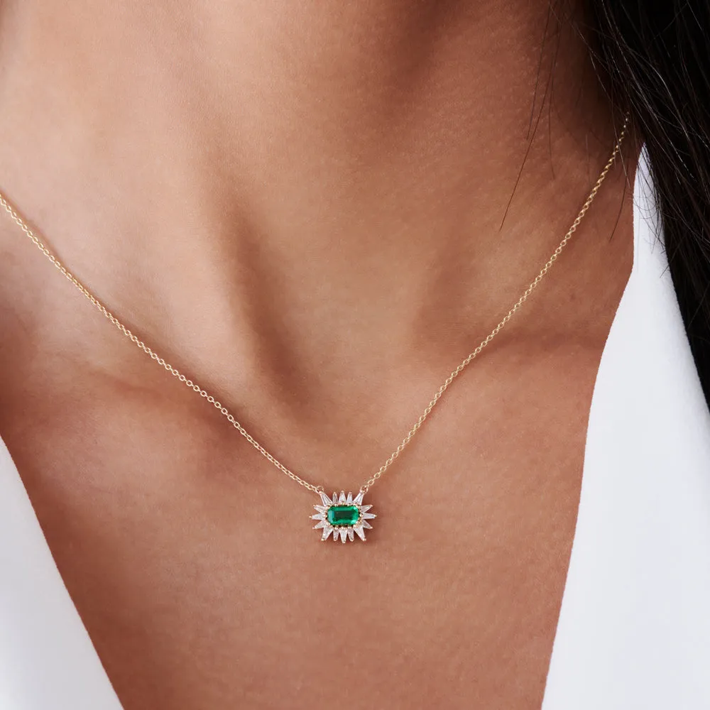14k Tapered Baguette Diamond & Emerald Necklace