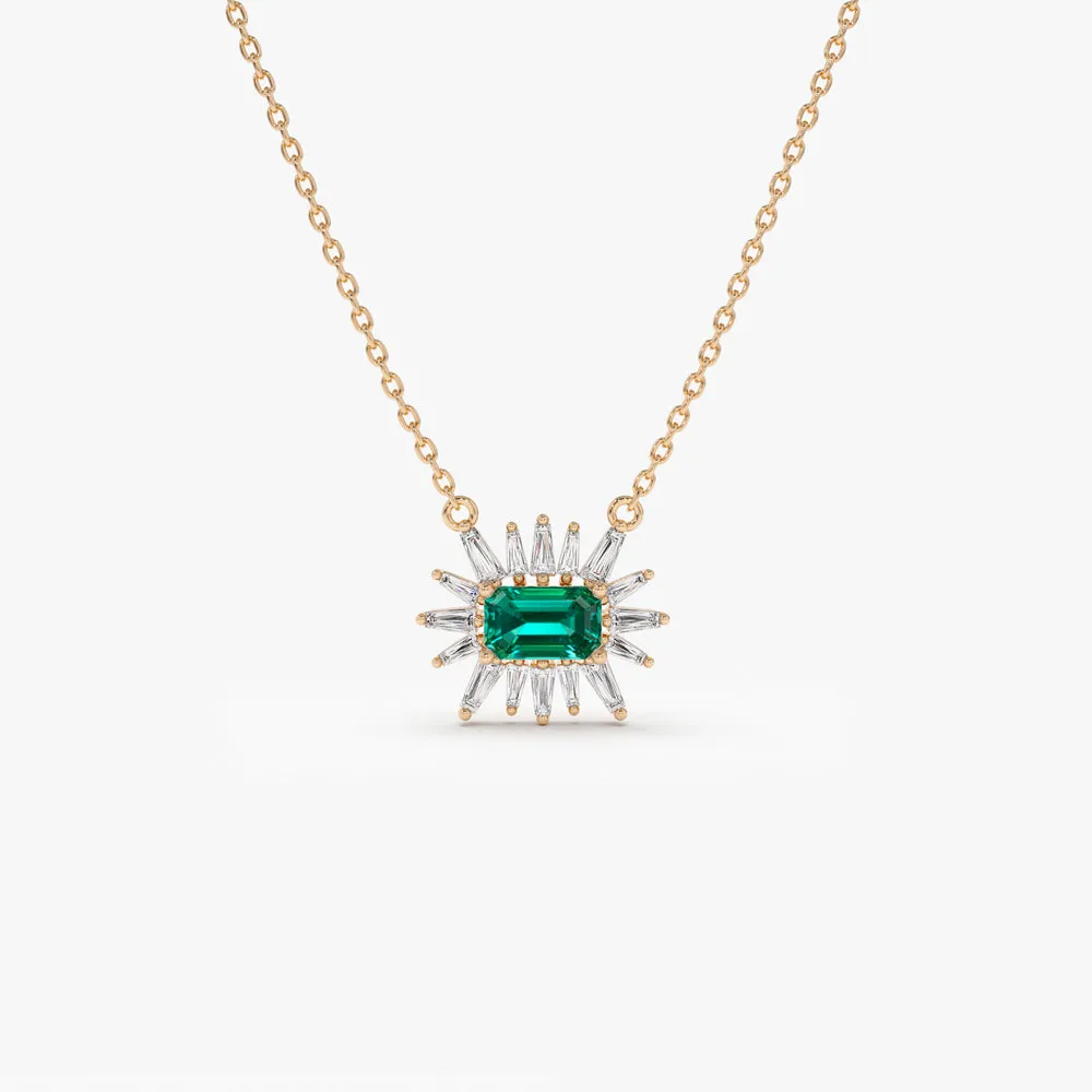 14k Tapered Baguette Diamond & Emerald Necklace