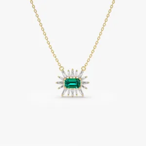 14k Tapered Baguette Diamond & Emerald Necklace