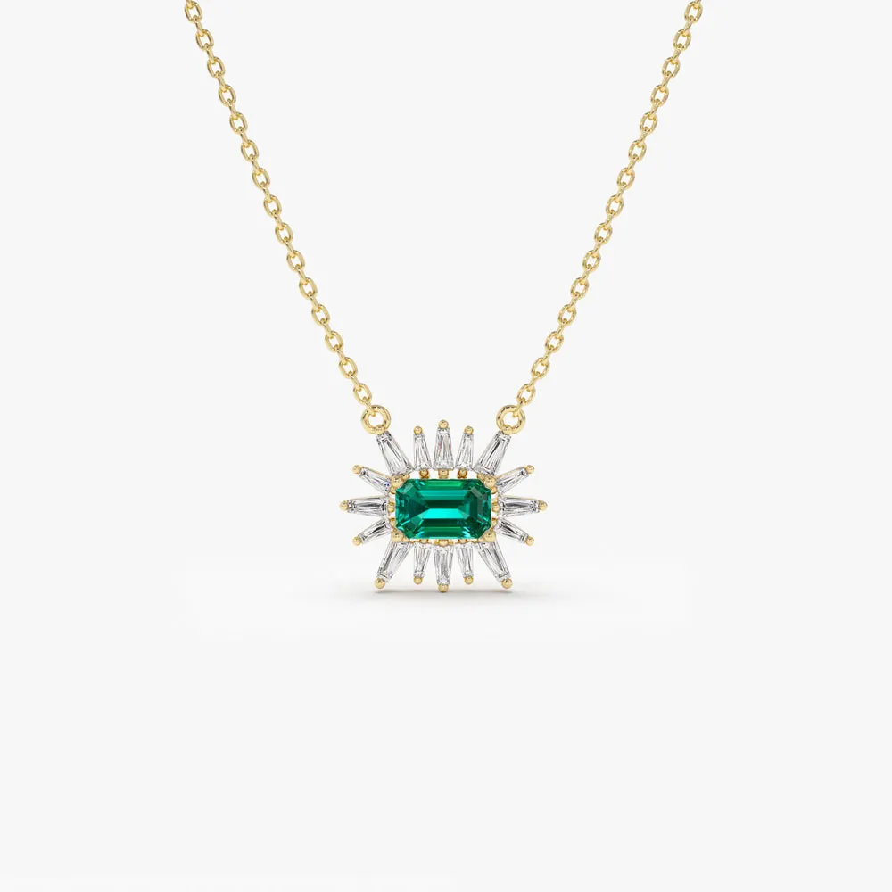 14k Tapered Baguette Diamond & Emerald Necklace