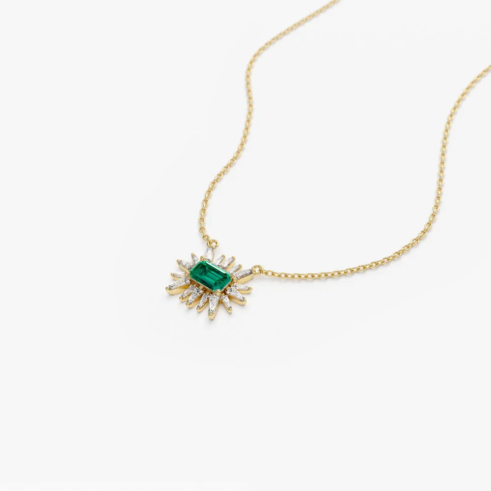 14k Tapered Baguette Diamond & Emerald Necklace
