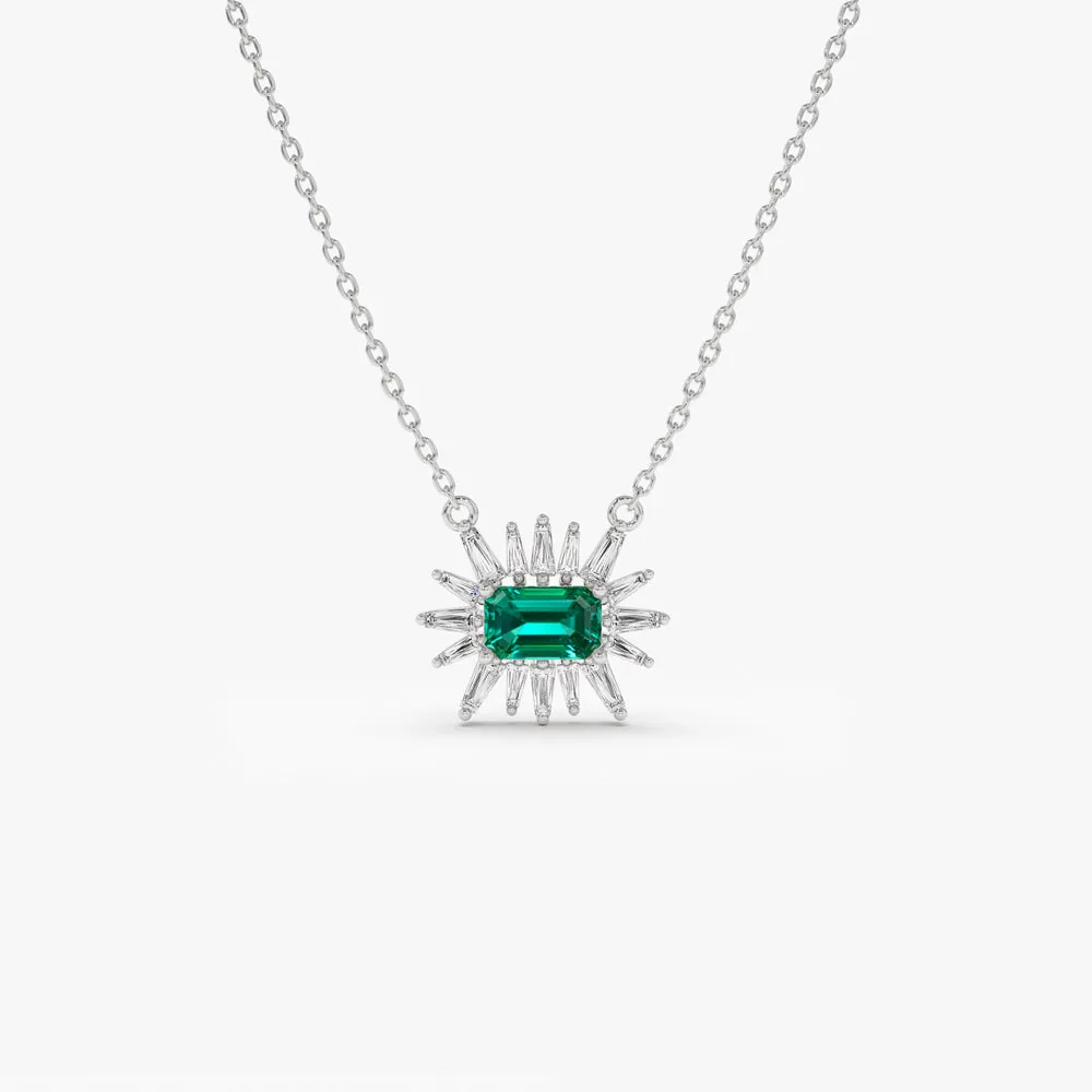 14k Tapered Baguette Diamond & Emerald Necklace