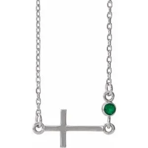 14K White Emerald Sideways Cross 16-18" Necklace